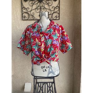 Hilo Hattie Floral Button Down Tie Front Cropped Blouse - Multicolored- Size L